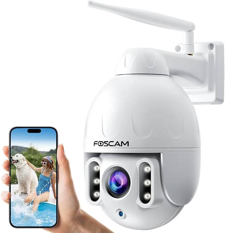 White outdoor PTZ dome camera with 4X optical zoom lens and six IR LEDs
