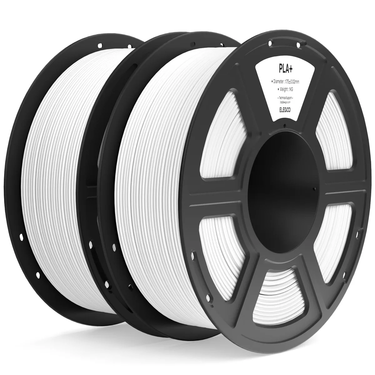 Two white PLA+ filament spools, 1.75 mm diameter, vacuum-sealed on cardboard reels