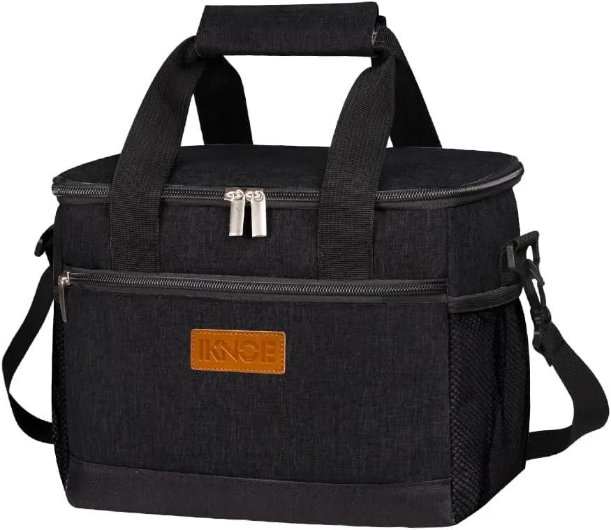 Red insulated lunch bag with top handle and detachable shoulder strap, foldable soft-sided cooler shape