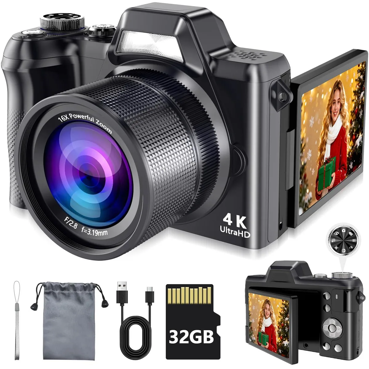  Polaroid PIXPRO DC13 56MP 4K Point &amp; Shoot Camera 16X Zoom 3.0" Flip Screen Black — product photo