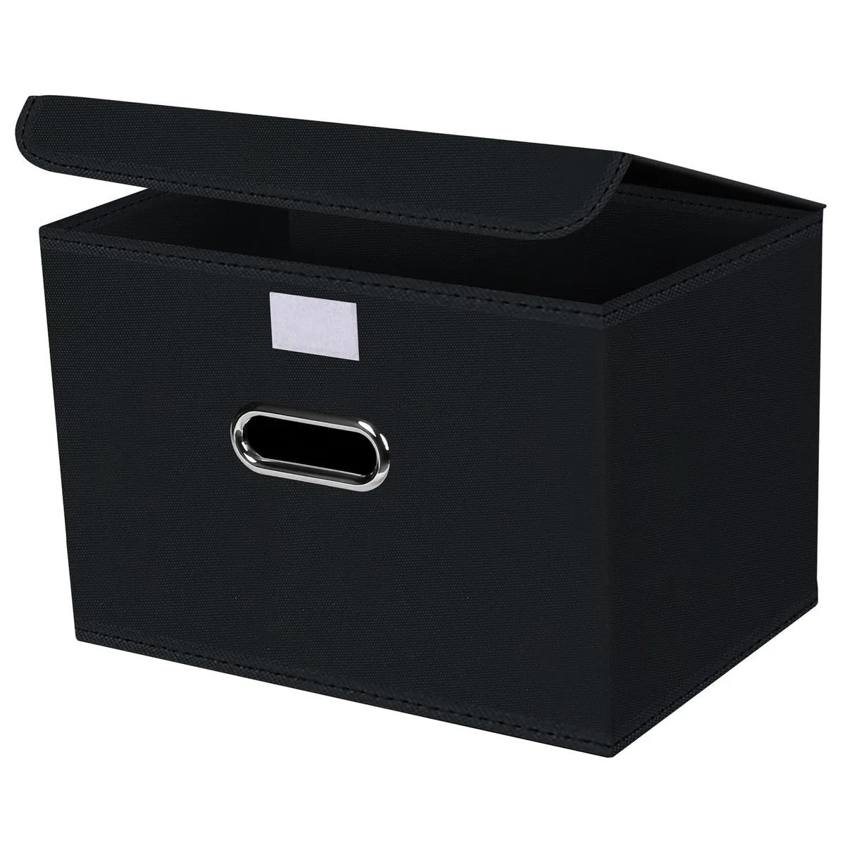 Three collapsible fabric storage cubes with lids and metal handles in grey beige and green