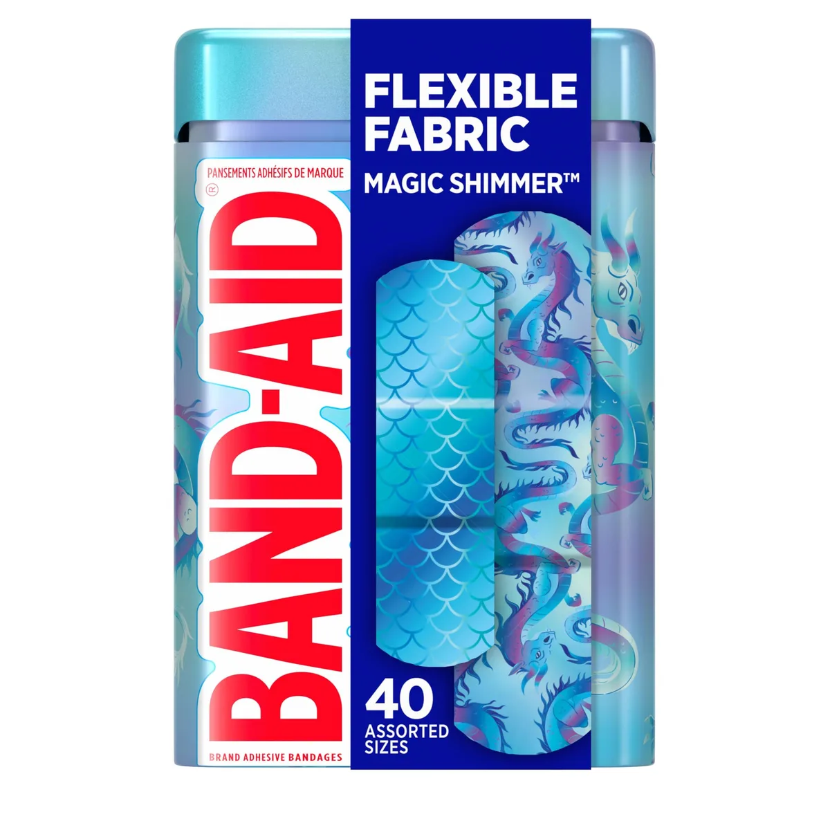 Box of 40 iridescent fabric bandages in assorted blue designs