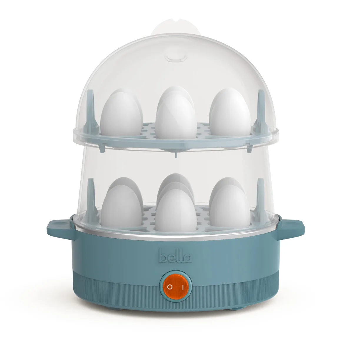 Compact white and stainless electric egg cooker with clear domed lid and double stack trays