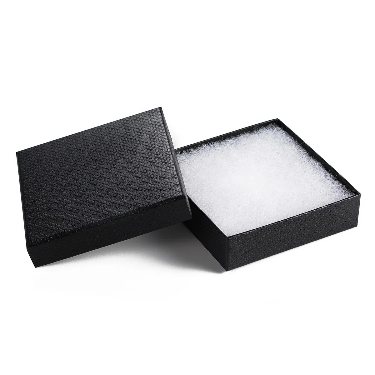 Stack of 20 black embossed cardboard jewelry boxes with cotton lining