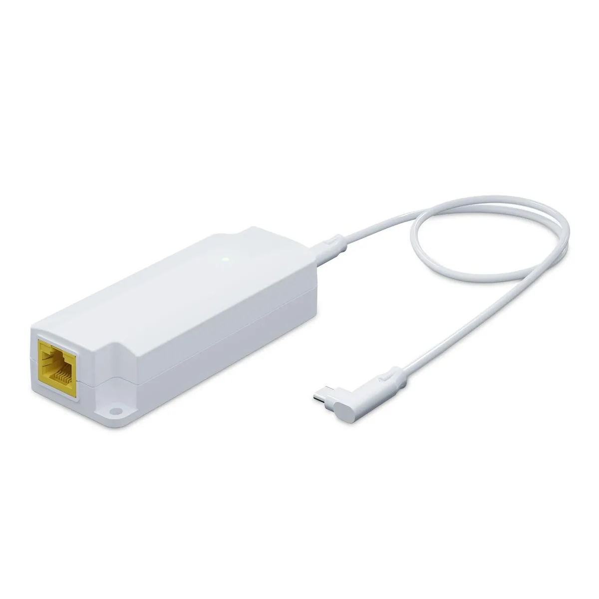 Black USB-C PoE adapter with RJ45 port, compact rectangular shape
