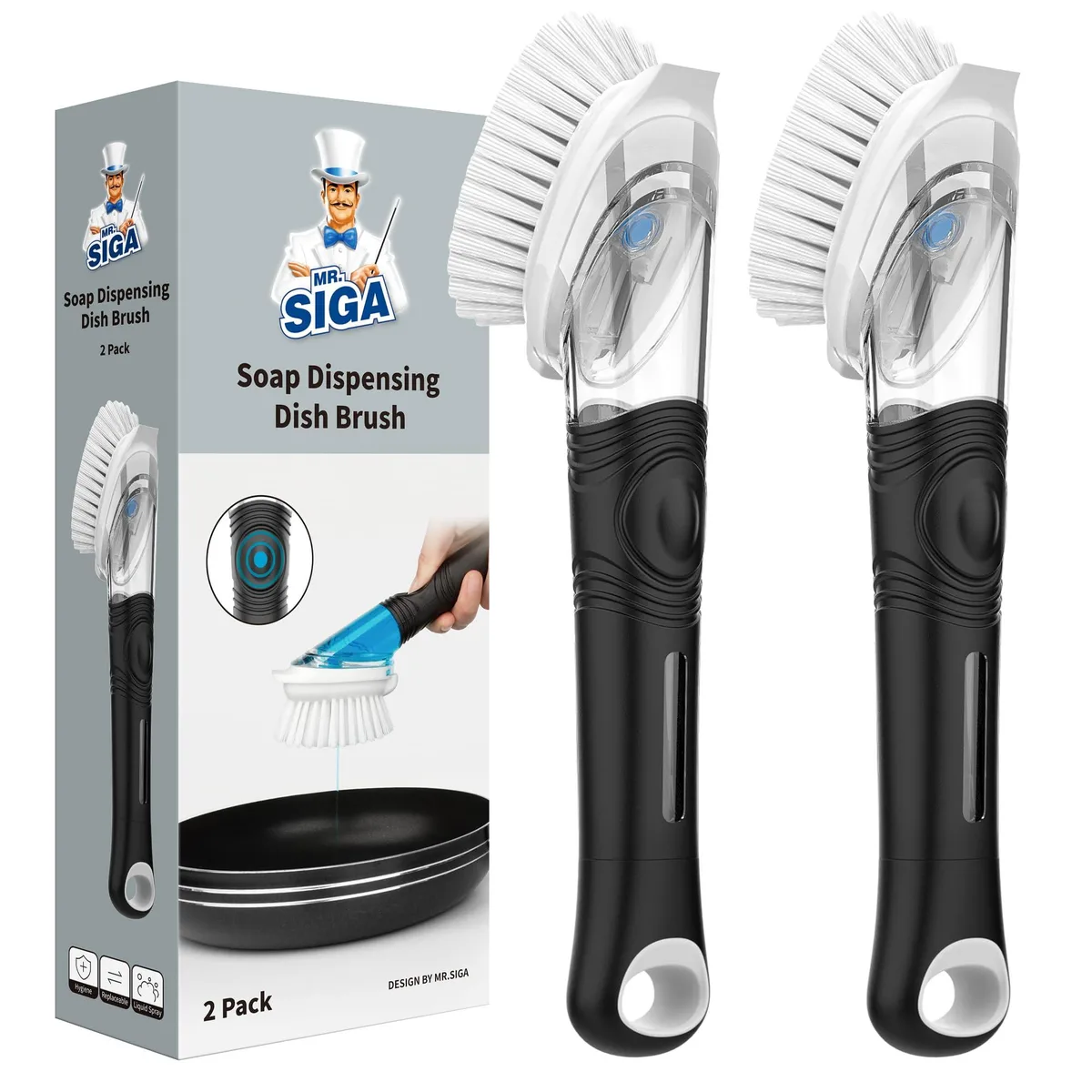 Two black soap-dispensing dish brushes with transparent handles and nylon bristles