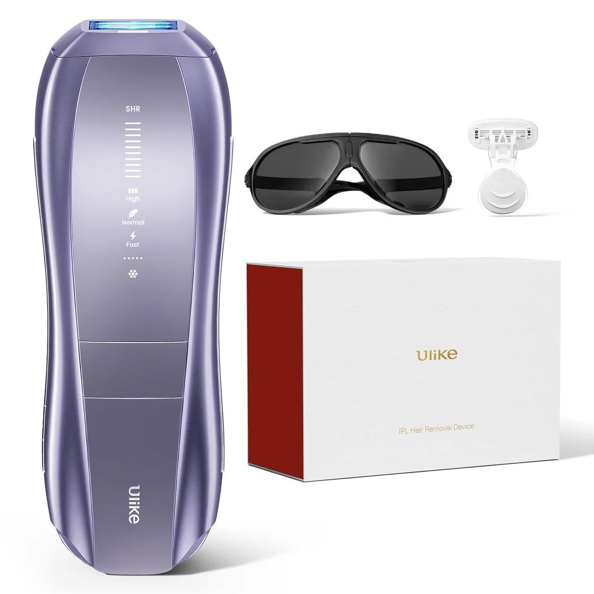 White handheld IPL device with dual light windows and curved grip