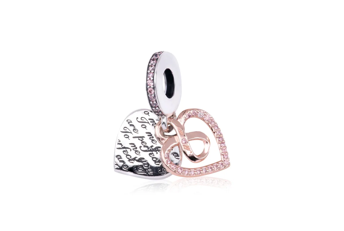 PANDORA PANDORA Two-tone Infinity Heart Double Dangle Charm 14k rose gold pink pave sterling silver Mom engraving — product photo