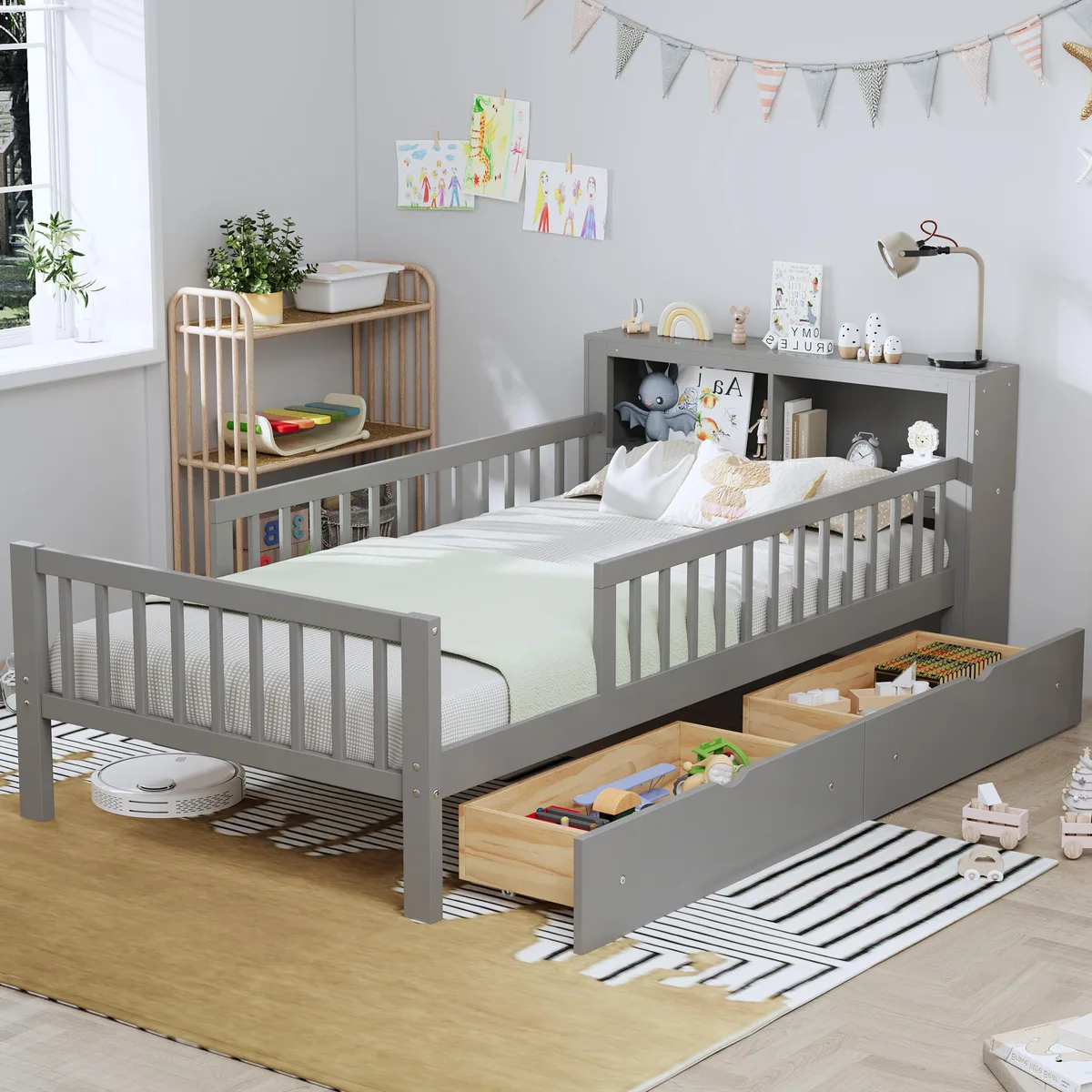 Grey wooden twin bed with headboard storage, two under-bed drawers and three-side guardrails