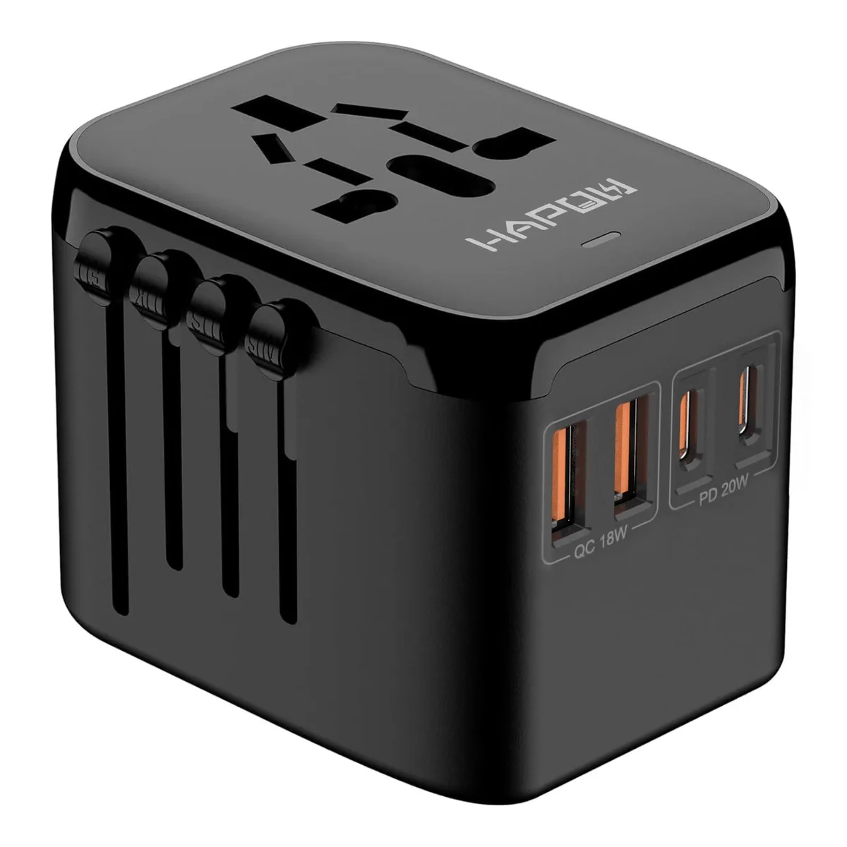  HAPOW OL-212PQ Universal Travel Adapter PD20W 2 USB-C 2 USB-A Black — product photo