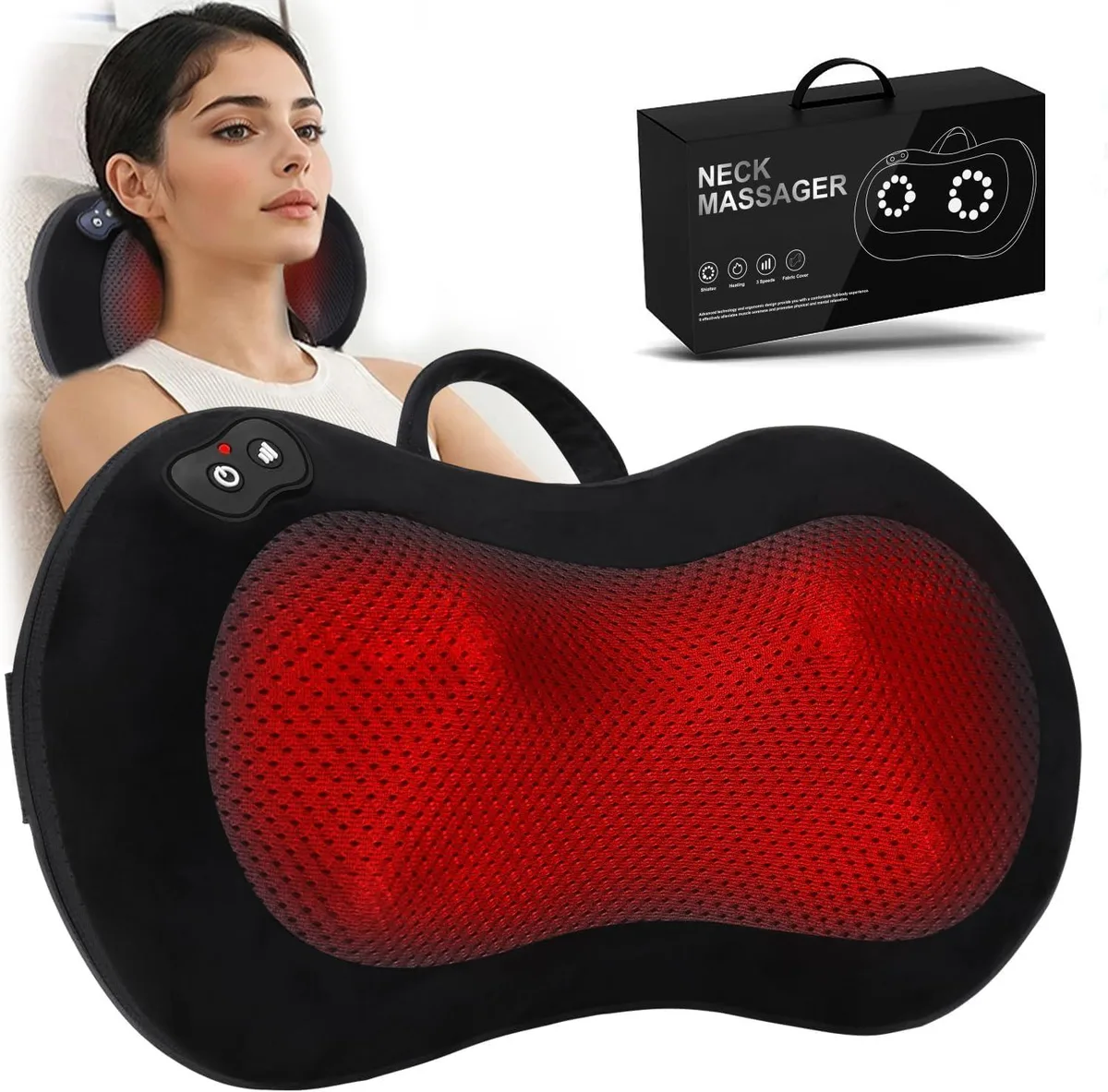 Blue rectangular massage pillow with fabric cover and long black power cord