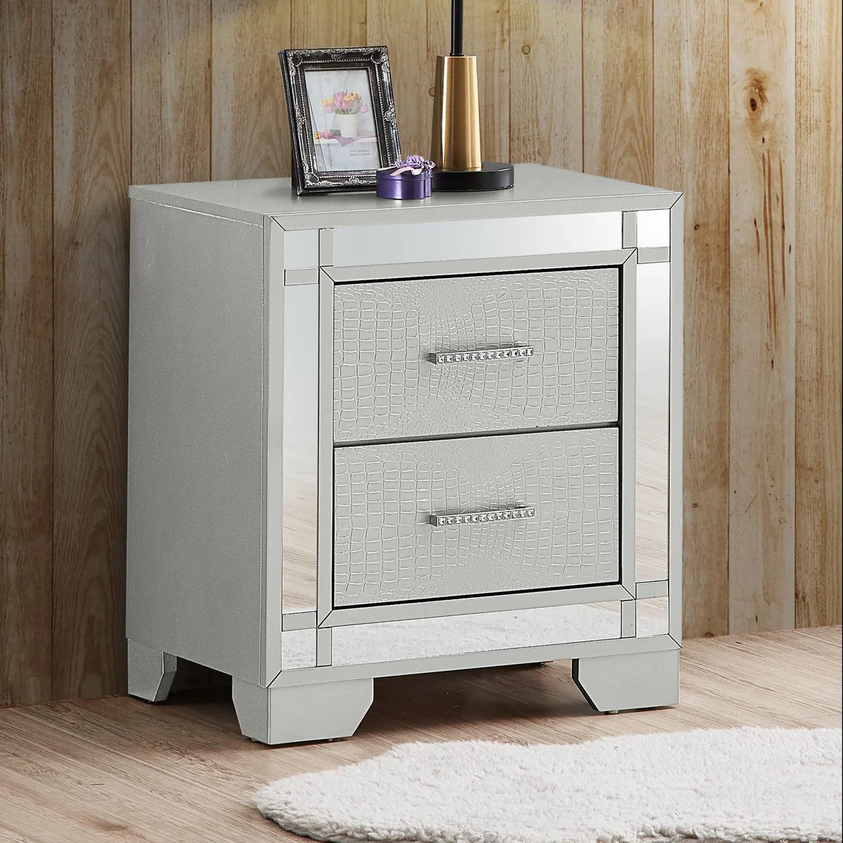 Silver champagne accent table, rectangular top, tapered legs, 26H x 23W x 17D inches
