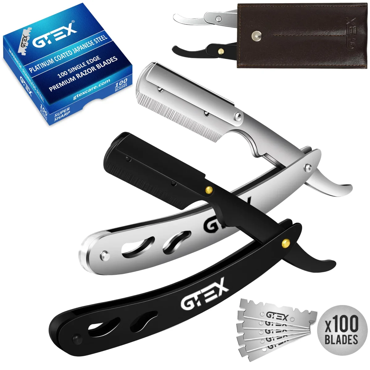Two black straight razors and leather pouch