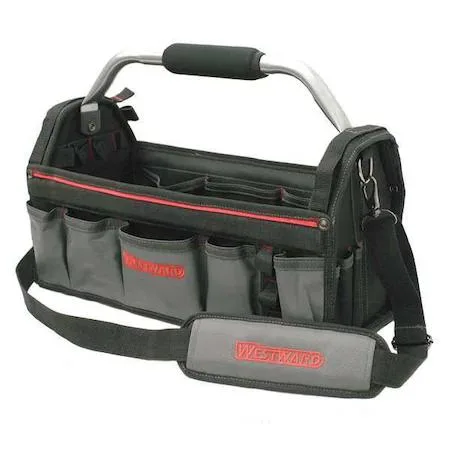 Black 600d polyester tool tote with rotating handle and eleven pockets