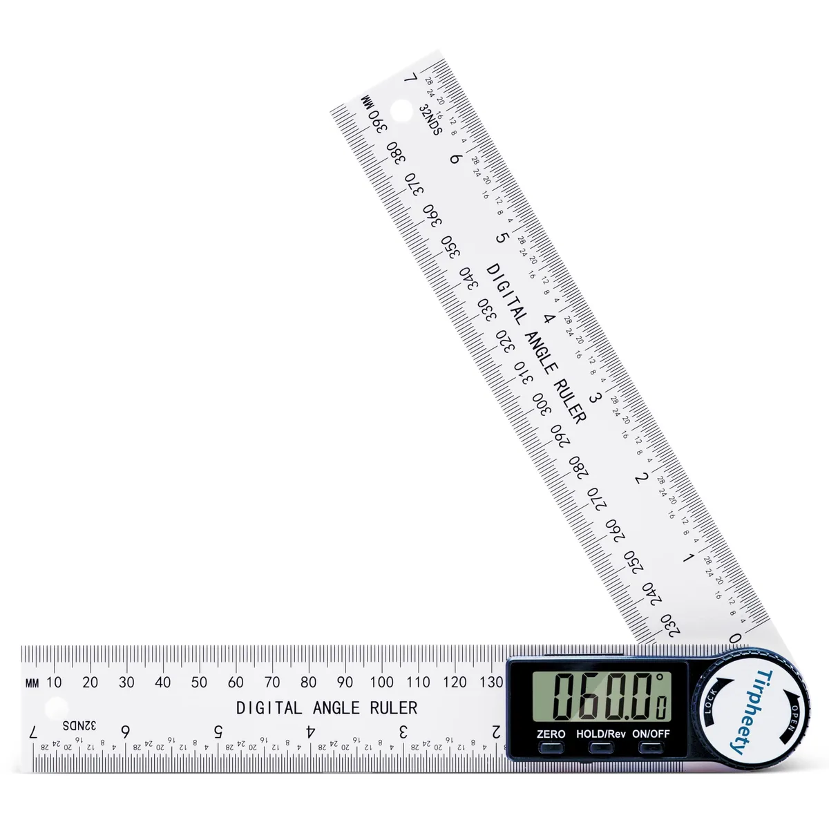 White digital angle gauge with large LCD screen, 200mm ruler body, reinforced ABS construction