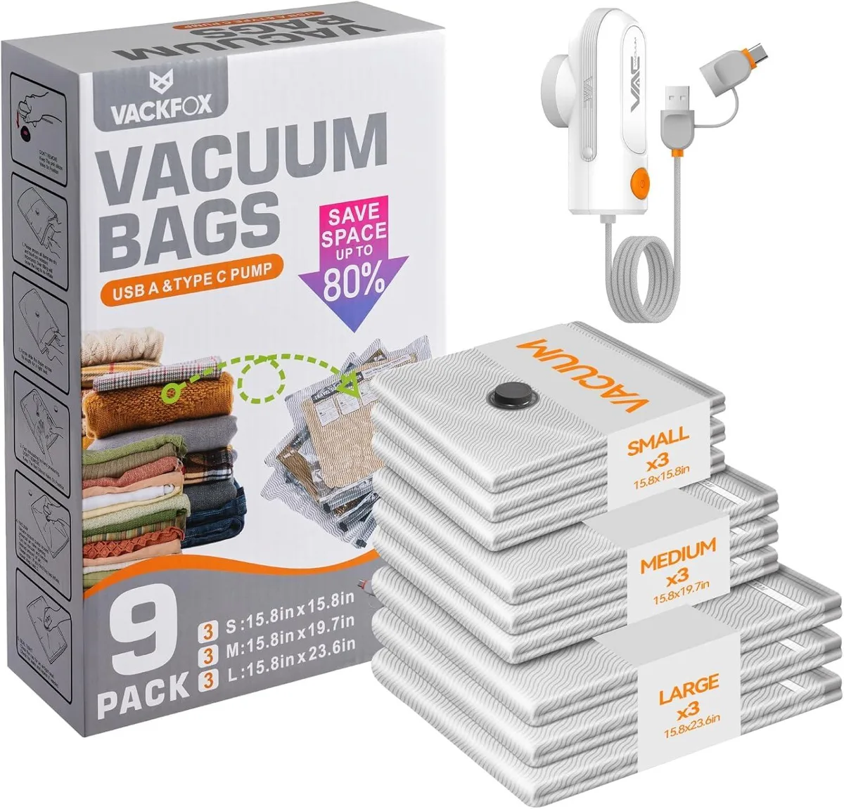 Nine grey nylon vacuum storage bags in three sizes with USB and Type C pump
