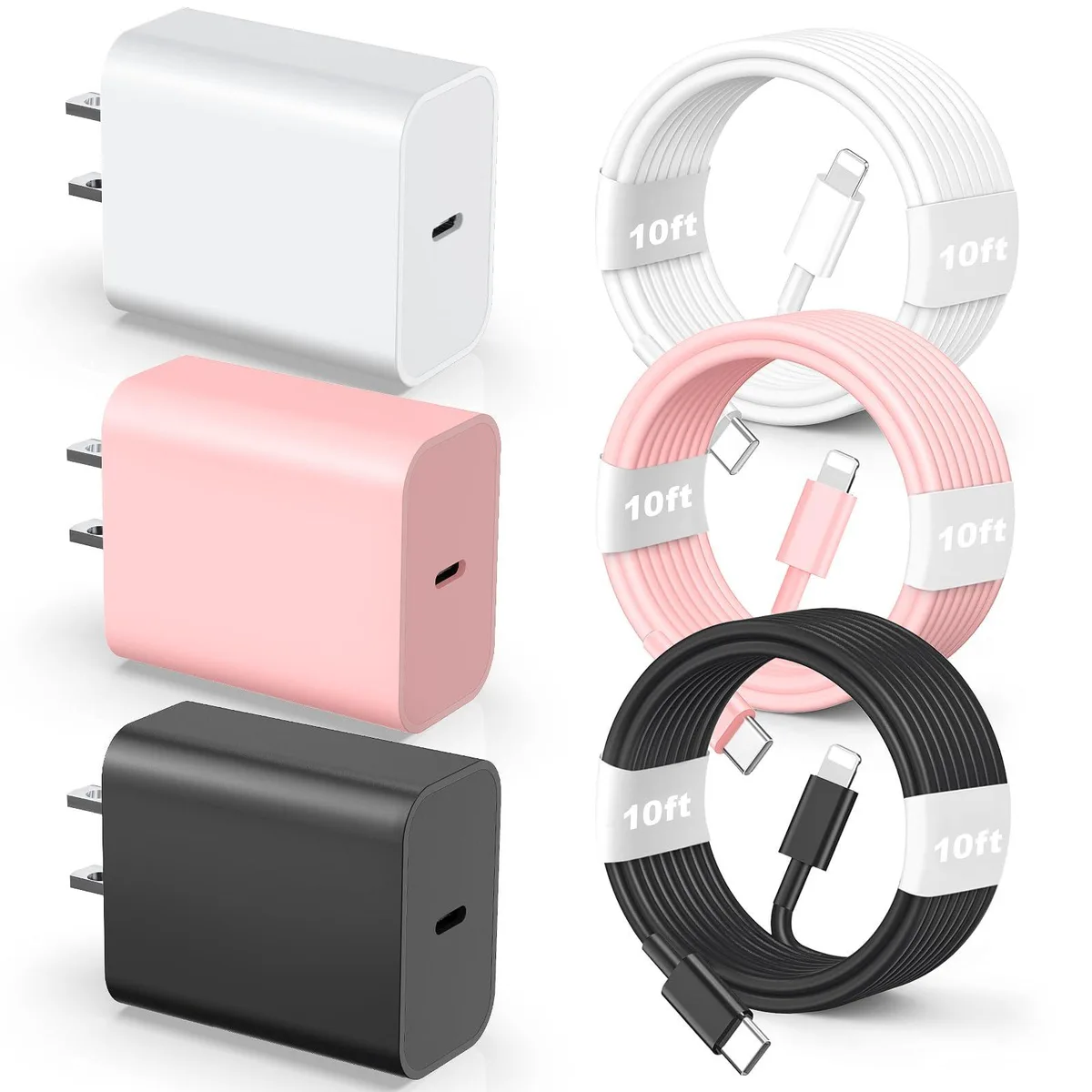 KEHIPI KEHIPI 20W USB-C to Lightning cable 10ft MFi WhitePinkBlack — product photo