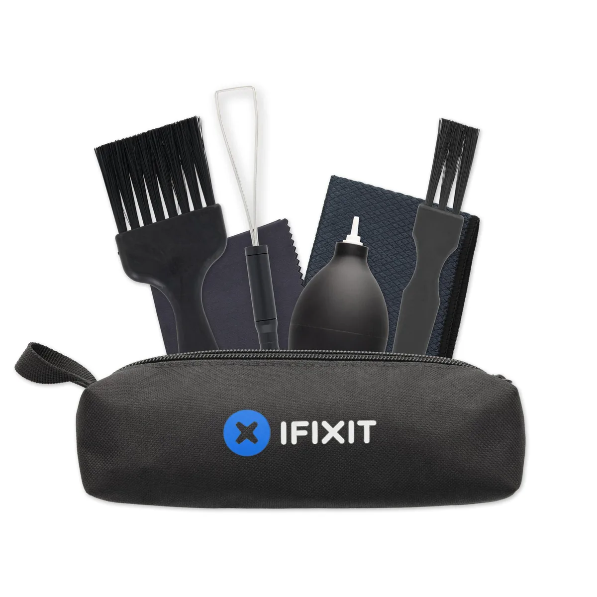 iFixit keyboard cleaning kit in zippered pouch with brushes, cloths, blower, keycap puller
