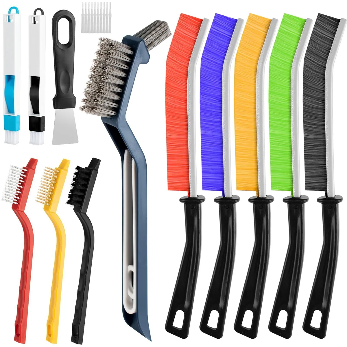 Thirteen-piece crevice cleaning brush set with stiff bristles and assorted tools