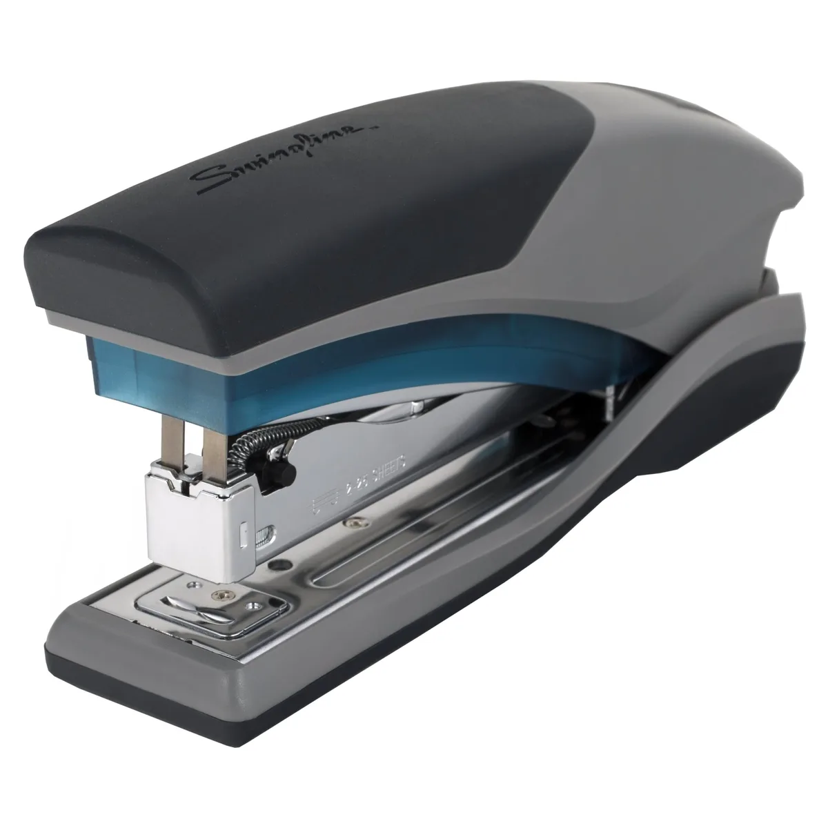 Blue and gray plastic desktop stapler with soft grip, 7.1 by 3.1 by 1.9 inches