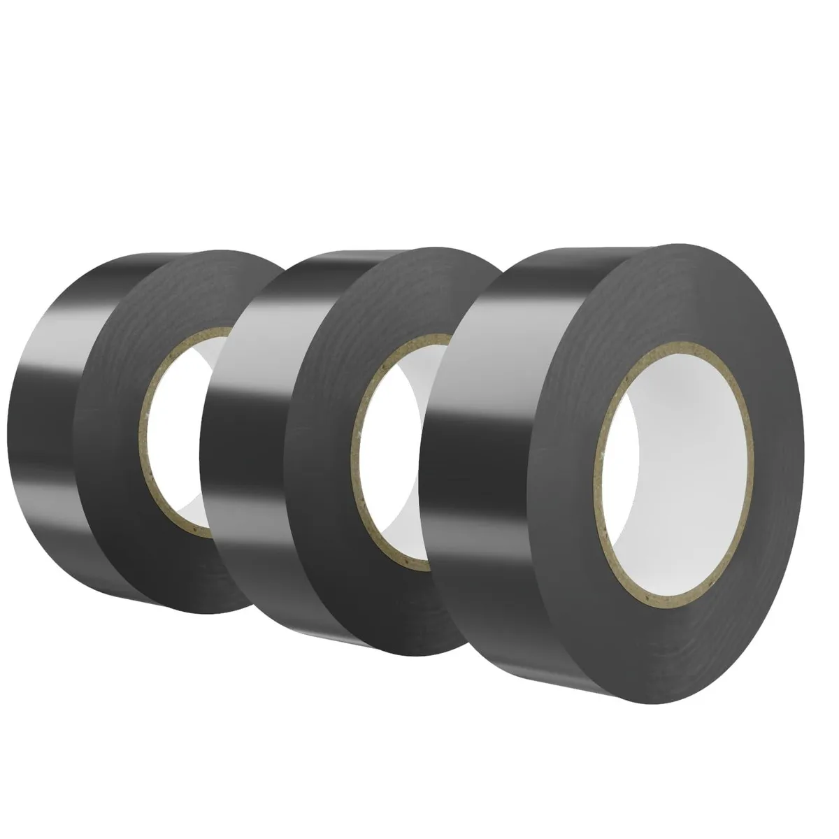 Three rolls of black PVC electrical tape, each .75 in wide by 66 ft long