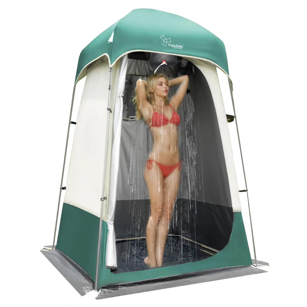 White and green pop-up shower tent with steel frame and zippered door