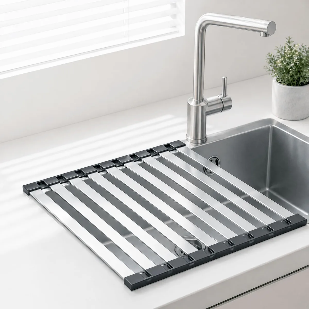 Red stainless steel roll-up rack with silicone edges, 17.7 by 12.8 inches