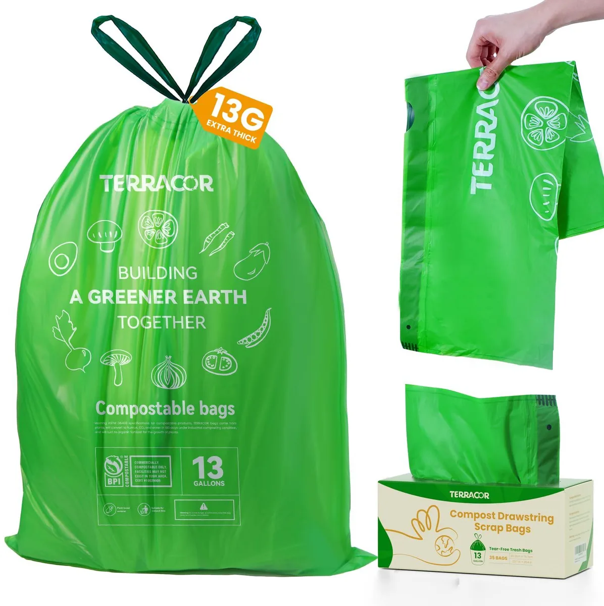 A roll of 35 compostable drawstring bags in green packaging, 13 gallon capacity, 1 mil thickness
