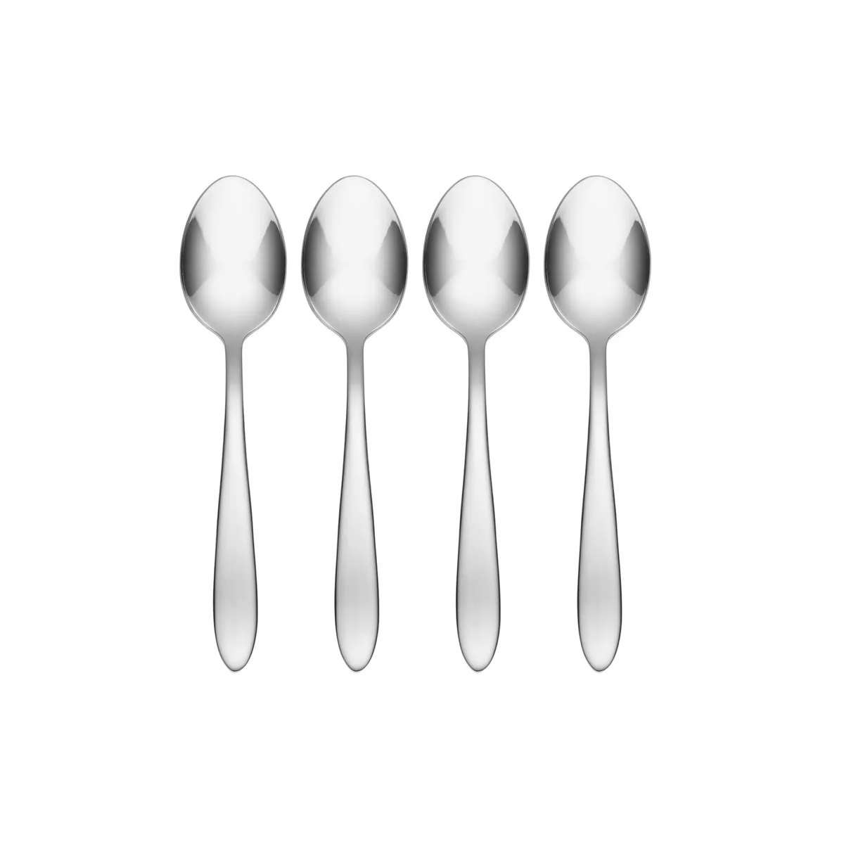 Four silver stainless steel teaspoons with mirror finish and curved handles