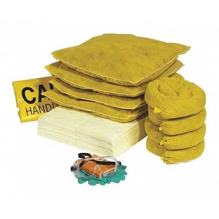 Yellow cardboard box labelled Spilltech RSPKHZ-30, 30 gal capacity, contains absorbent pads, pillows, socks, PPE and disposal bags