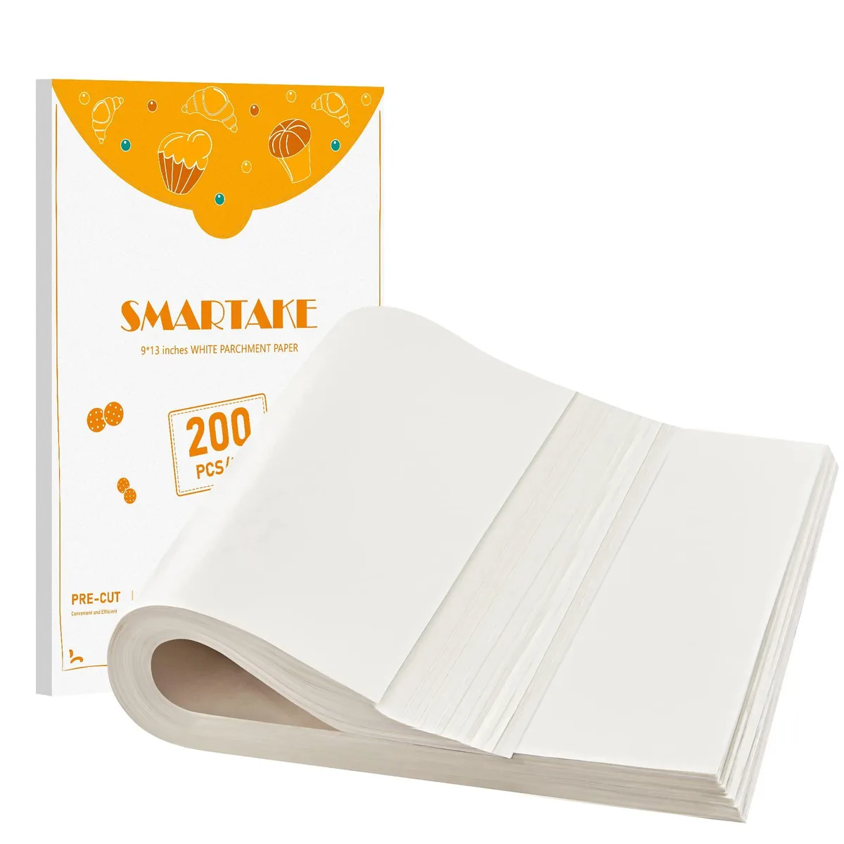 White parchment paper sheets stacked in a rectangular box, 200 precut pieces 9 by 13 inches