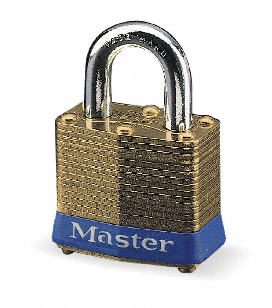 Rectangular brass padlock with steel shackle and single bumper