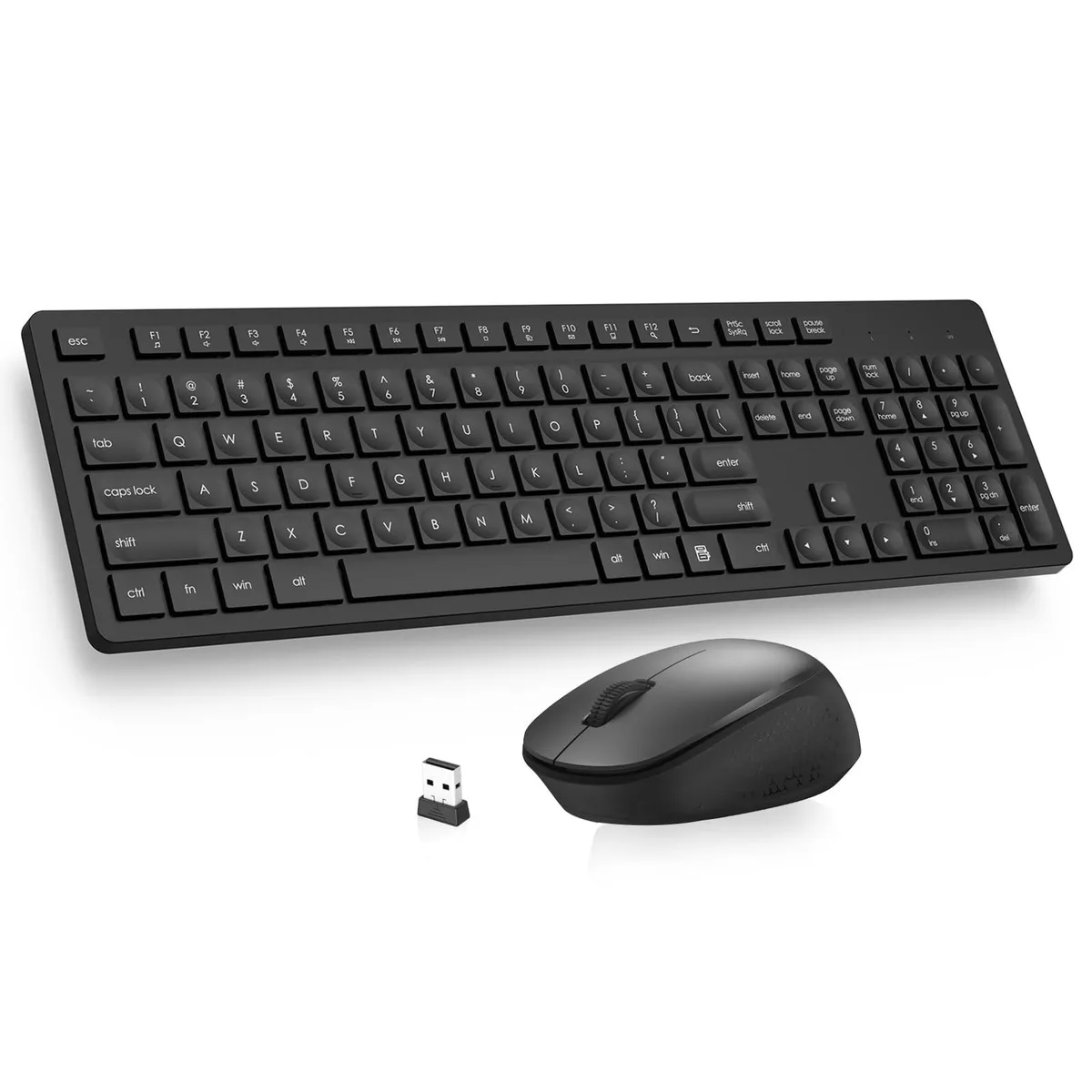 Black wireless keyboard and mouse set with USB receiver