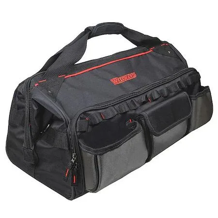 Black polyester wide-mouth tool bag with 11 pockets and adjustable shoulder strap