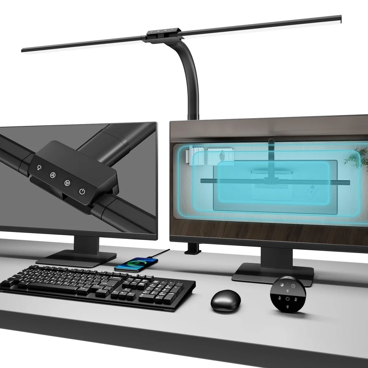 Silver rectangular LED desk lamp with dual adjustable heads on a flexible gooseneck arm and clamp base