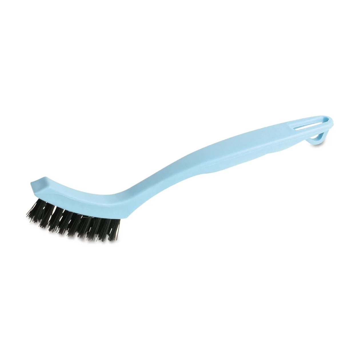 Blue plastic handle with black nylon bristles, 8.13in long, upswept grout brush