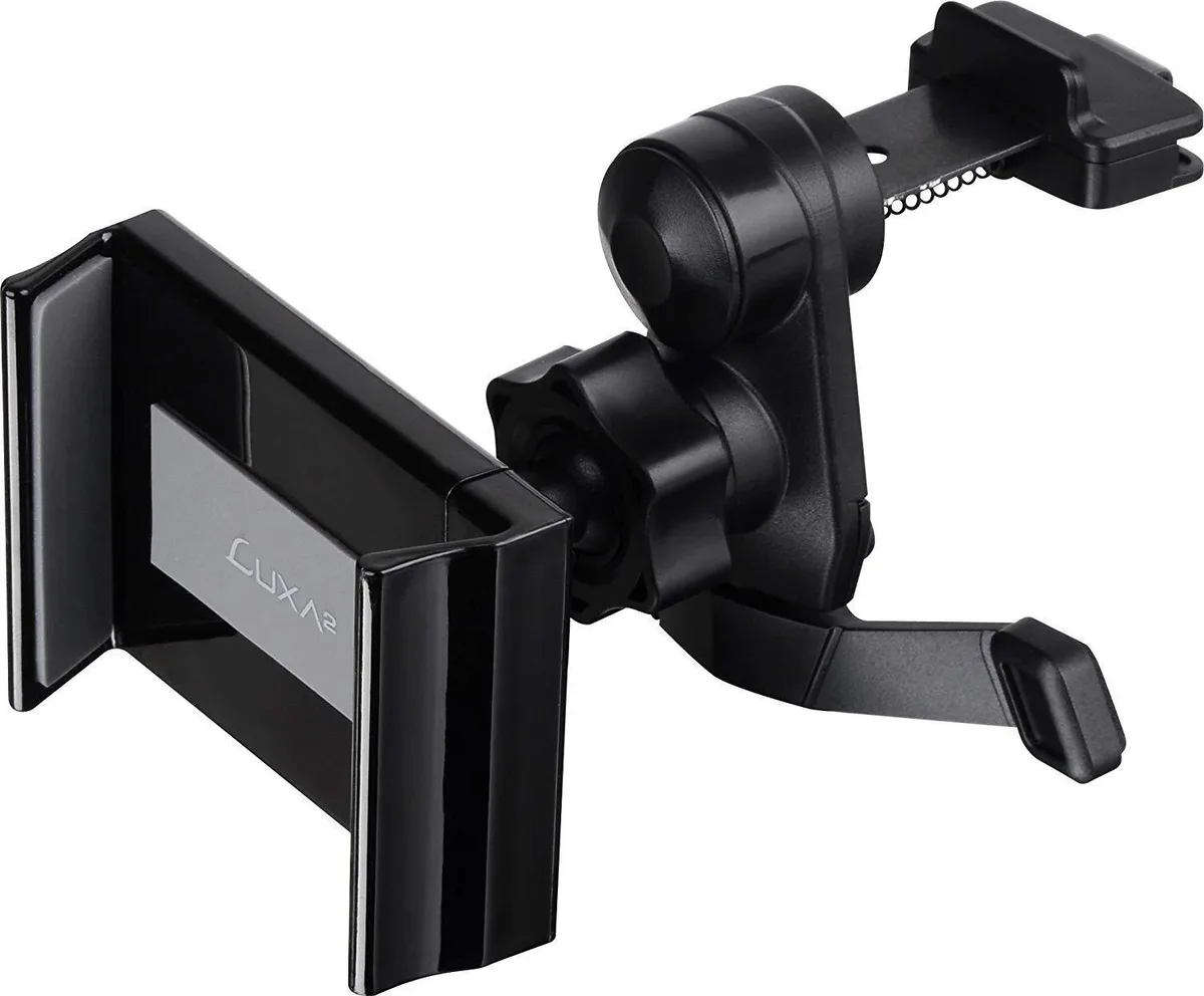 Black vent-clip car mount with adjustable cradle for phones 3.5 to 6 inch, 360° rotation