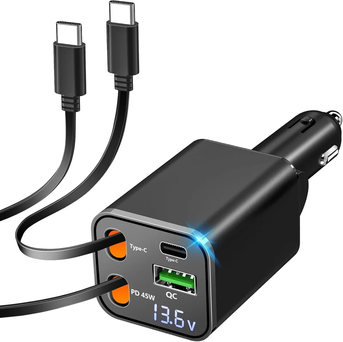 Hamzan Hamzan Retractable Car Charger 120W 4-in-1 Dual USB-C QC USB-A 31.5in — product photo