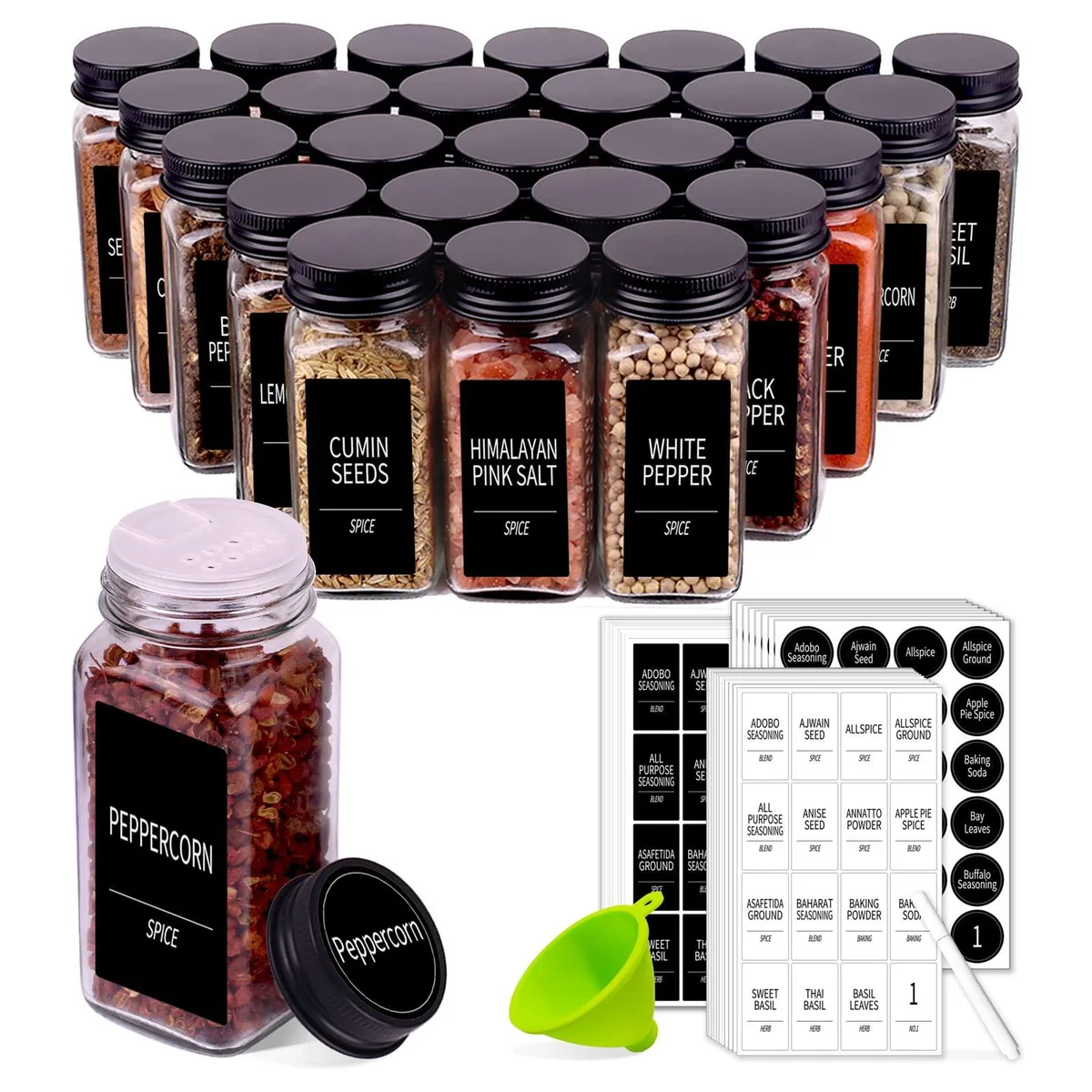Square glass spice jars with red silicone shaker lids and black metal caps, set of 25
