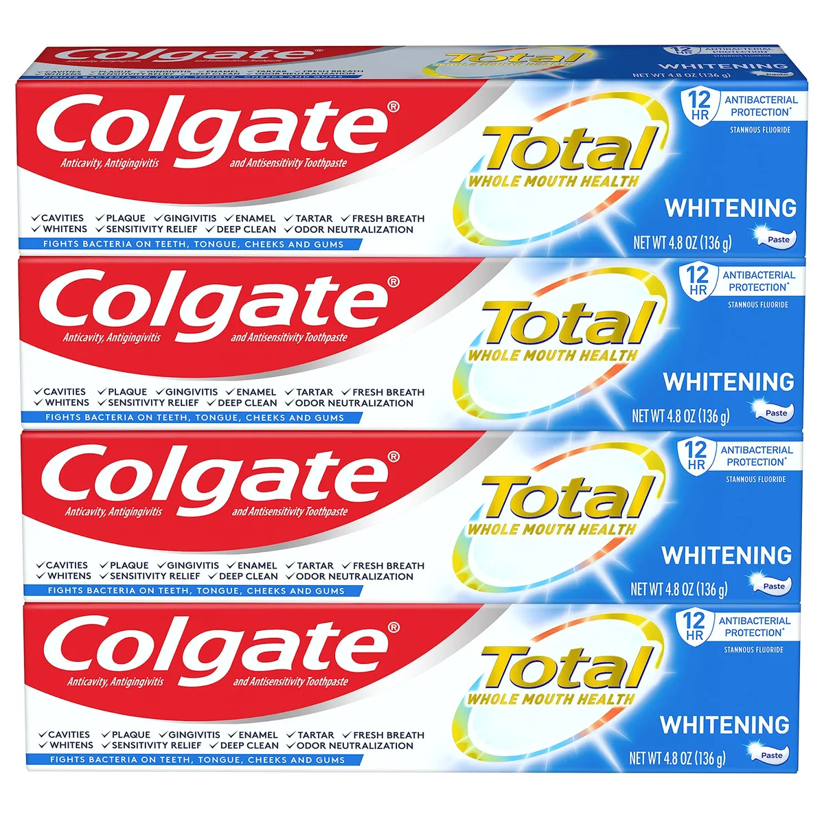 Four white toothpaste tubes in rectangular pack, mint stripe visible, 4.8 oz each