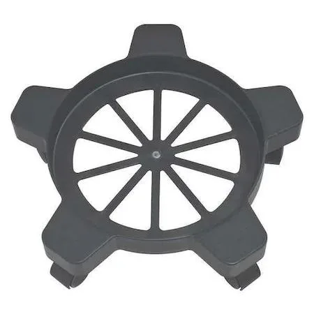 Black plastic drum dolly with four nylon casters, open round deck, 15.25 in diameter
