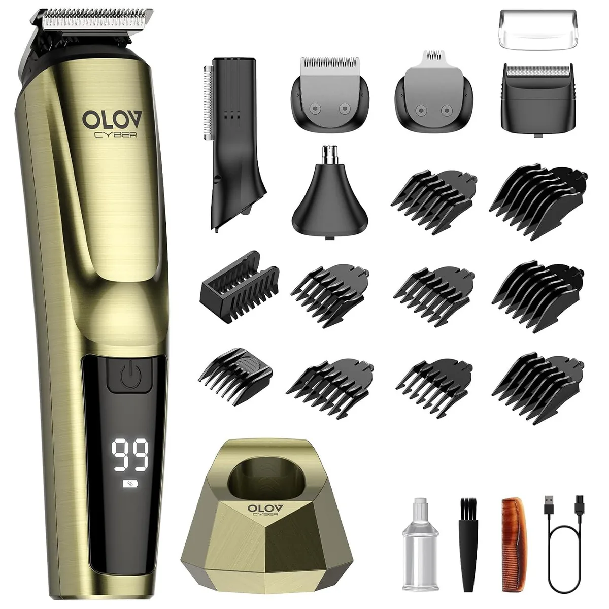 Black cordless grooming shaver with charging dock and multiple trimmer heads and combs