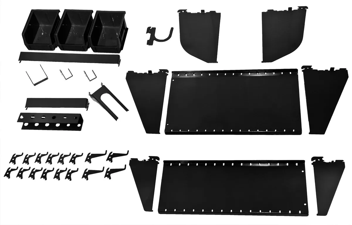 Black metal tool-board accessory kit with hooks, bins, brackets and shelves on a slotted panel