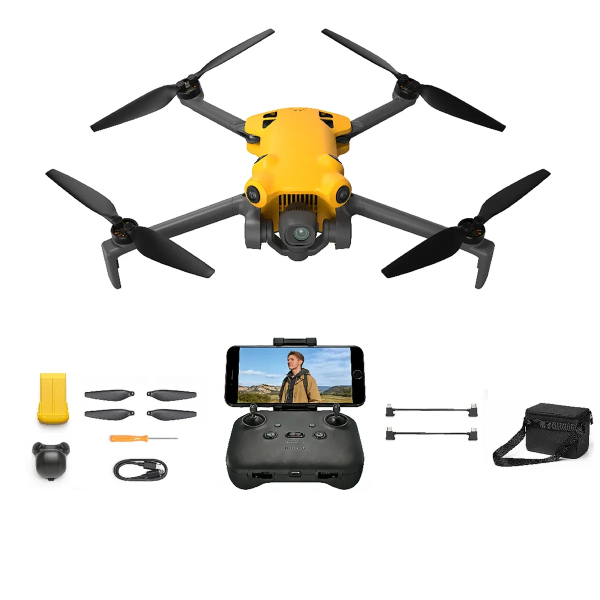 SkyRover SkyRover X1 Yellow drone 32 min flight 50000 ft range 4K 60fps HDR 48MP 360° obstacle avoidance — product photo