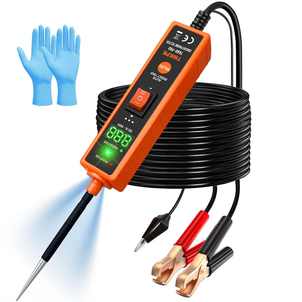 Red handheld circuit probe tester with LCD screen and 10 ft lead