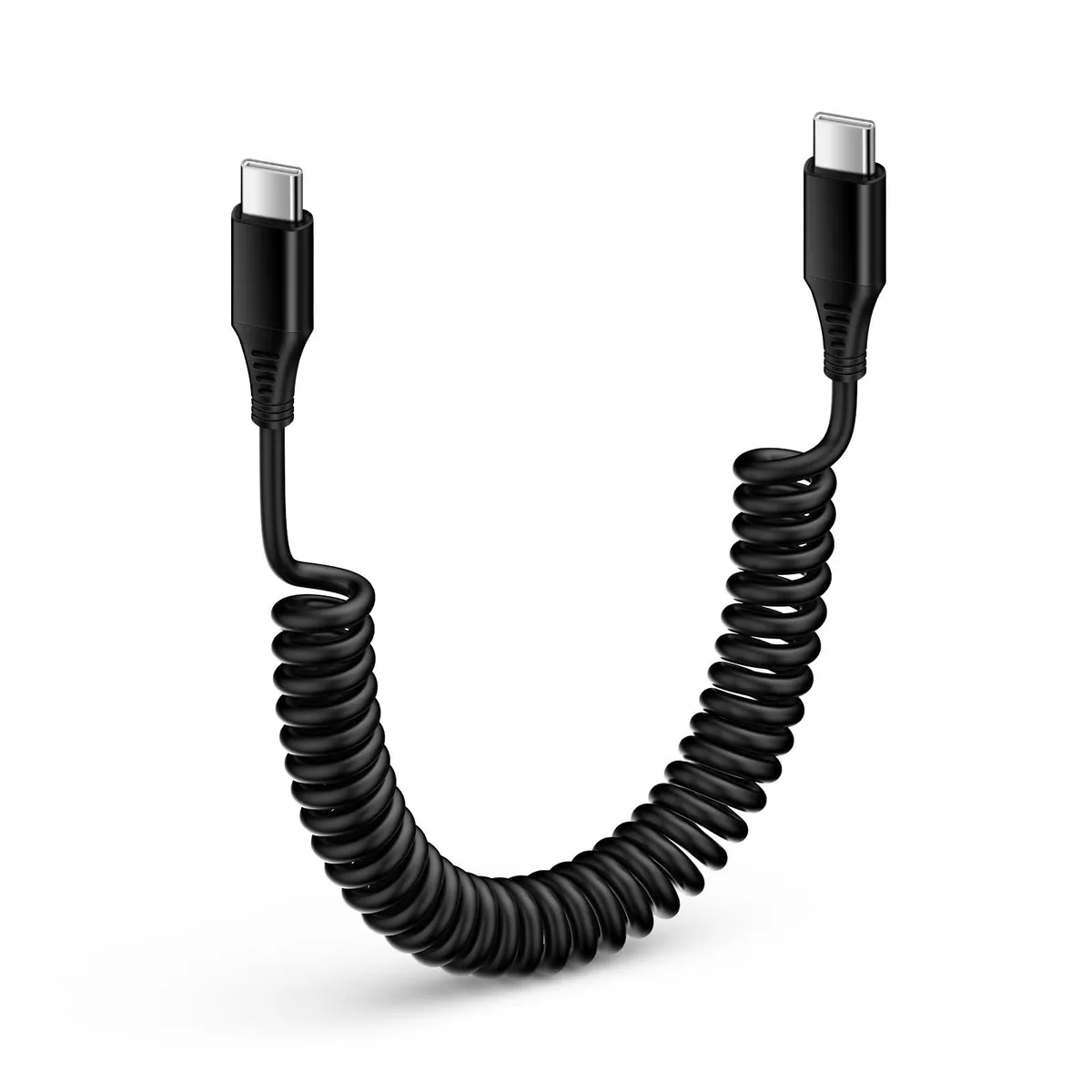 Black coiled USB-C to USB-C cable with plastic connectors, spring design, 3.3ft extended length