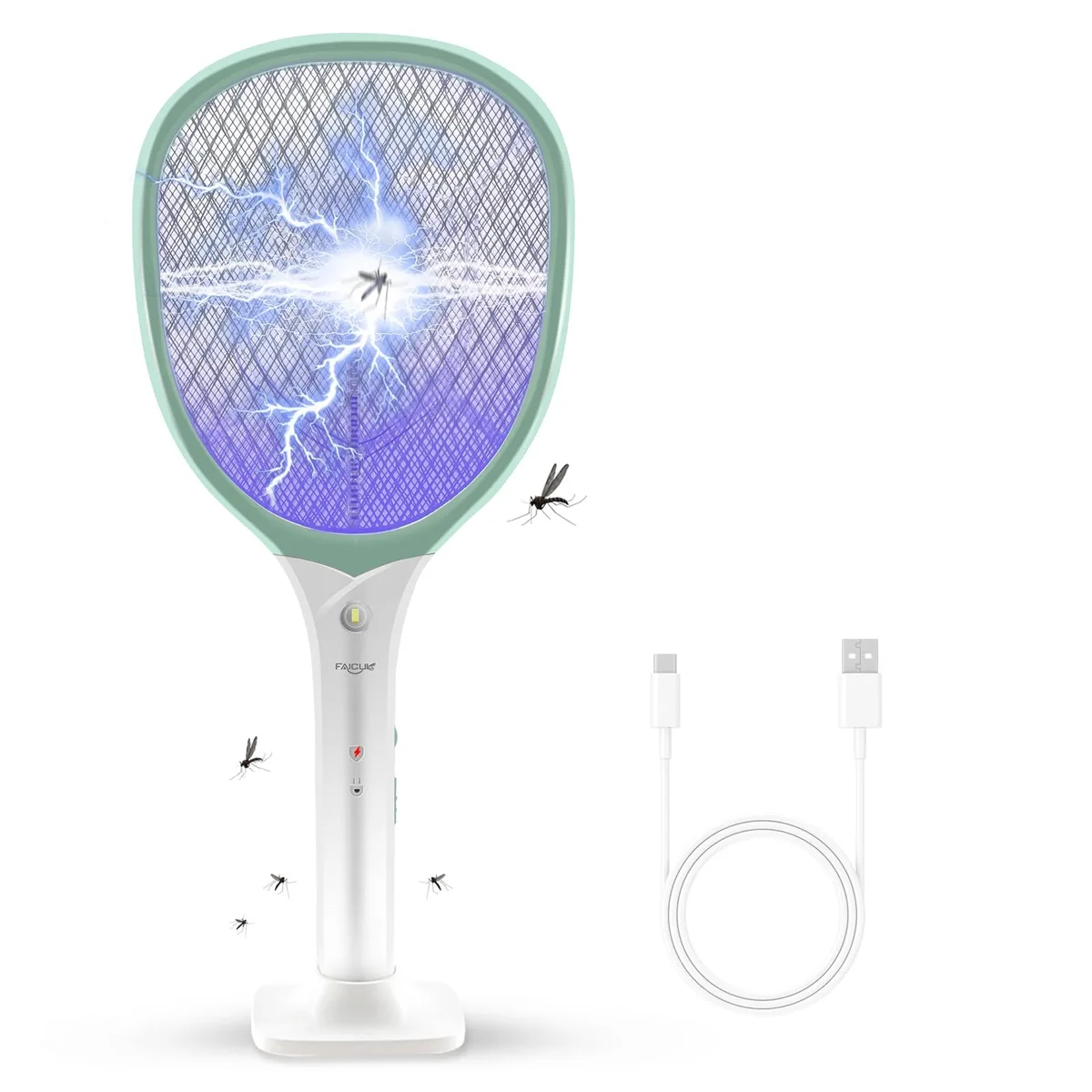 Green rechargeable bug zapper racket with safety mesh, USB port and LED light