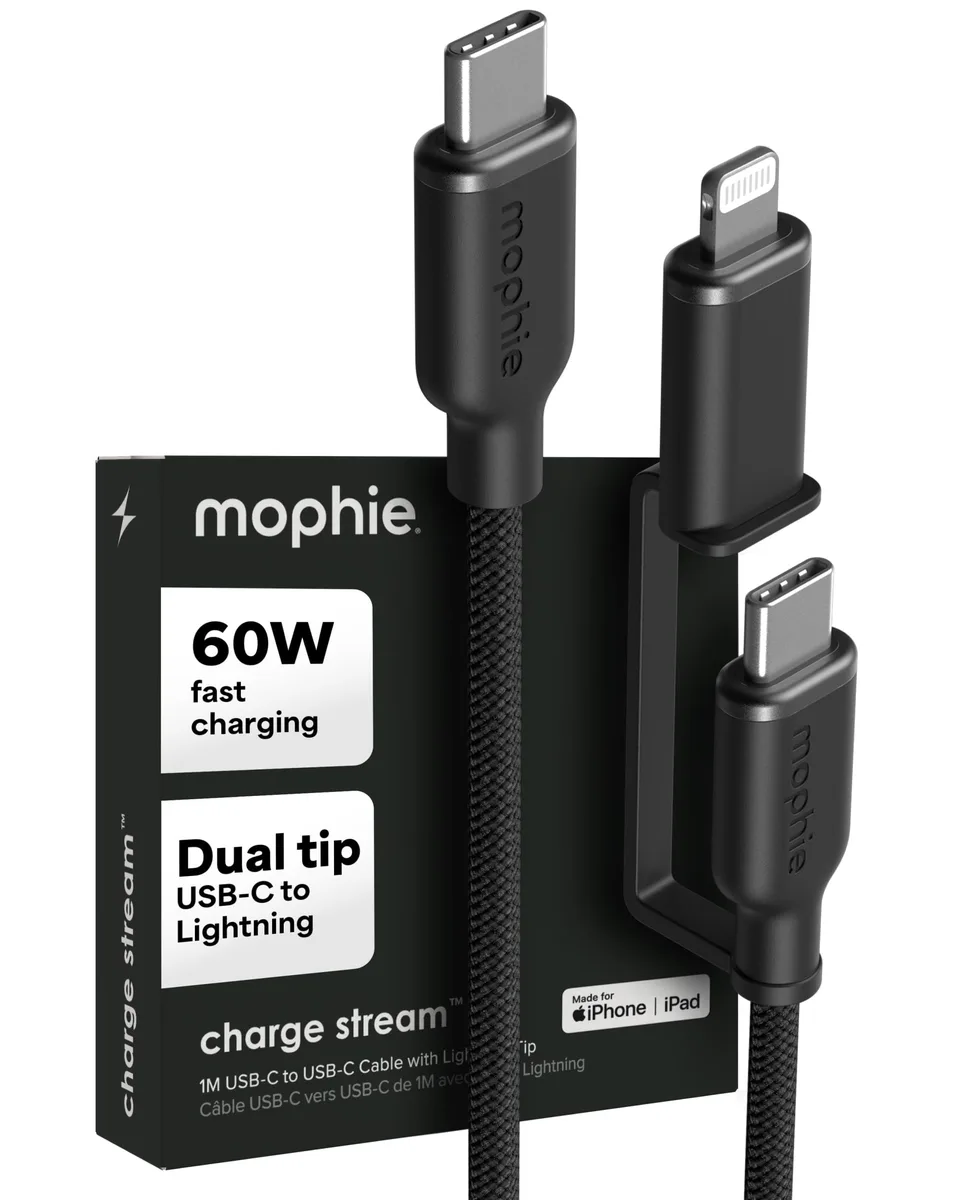 Mophie Charge Stream USB-C to USB-C 1m Cable with Lightning Adapter 60W — product photo