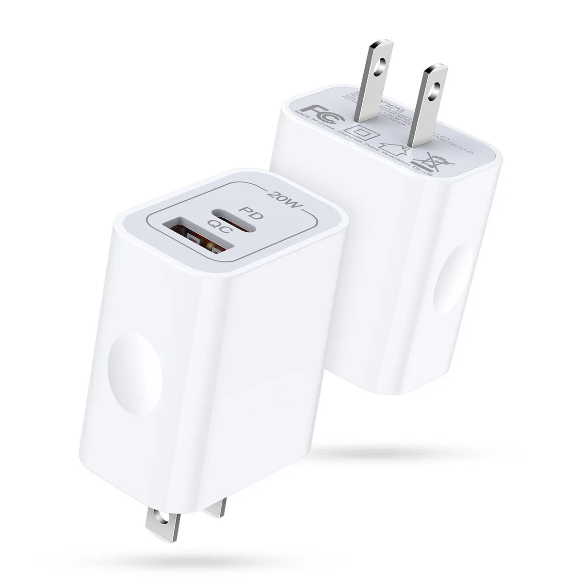Two compact white wall chargers with USB-C and USB-A ports side by side