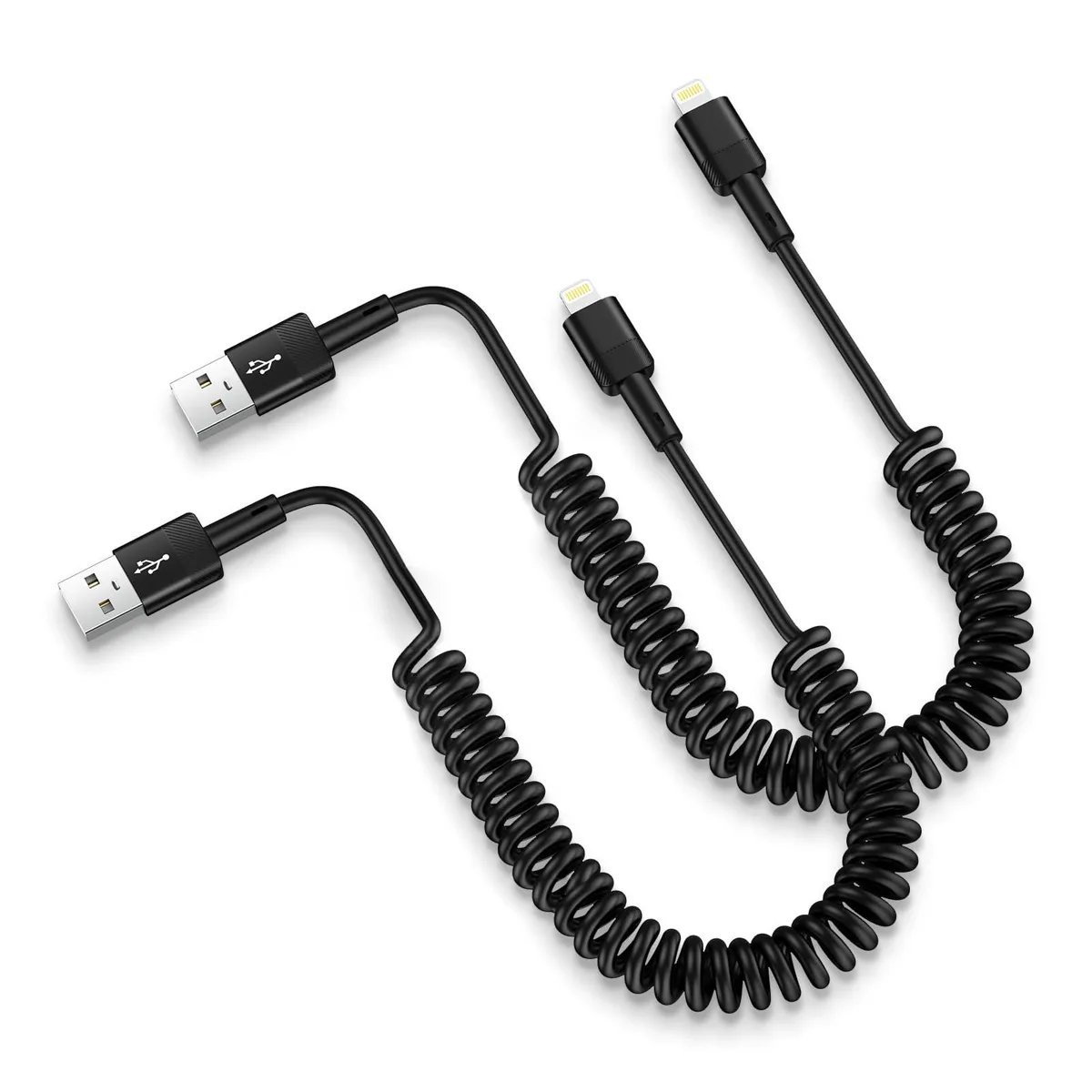 Black coiled Lightning cable with USB-A connector, compact spring form, matte finish